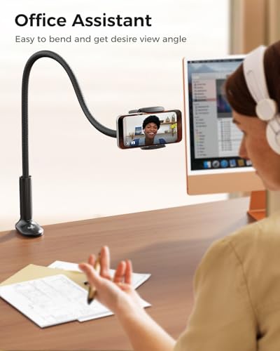 SAIJI Gooseneck Phone Holder for Bed Overall Length 38.6” Flexible Leather Wrapped Arm Overhead Cell Phone Mount Stand with 360° Adjustable Clamp Clip, Compatible with All 4-7” Cellphones (Black) - color: Black, size: 38.6 in