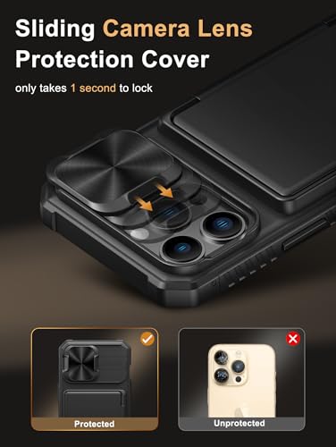 Vihibii for iPhone 13 Pro Case Wallet with Card Holder (4 Cards), Black | RFID Blocking, Slide Lens Camera Cover, Military Grade Drop Protection, Raised Edges Protect Screen, Ditch the bulky bag - color: Black, size: iPhone 13 Pro