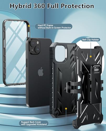 FNTCASE for iPhone 14/13 Case : with Belt-Clip Holster & Kickstand - Heavy Duty Military Grade Protection Cover Shockproof TPU Phone Shell Durable Rugged Full Protective Phonecase - 6.1 inch Black | Rugged Kickstand, Military-Grade Drop Protection, Full B