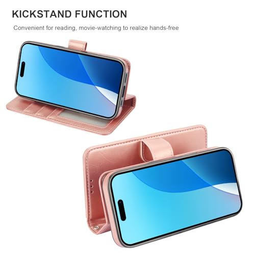 Bocasal Detachable Wallet Case Card Holder for iPhone 16 Pro, Rose Gold | RFID Blocking Kickstand Card Slots Holder PU Leather Magnetic Shockproof Wrist Strap Removable Flip Protective Cover 6.3 inch - color: Rose Gold