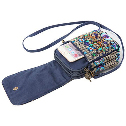 SILKAREA Embroidered Cute Mini Crossbody Bag for Women Small Handbags Wristlet Wallet Bag Cell-phone Pouch Coin Purse - color: Blue + Flower-small