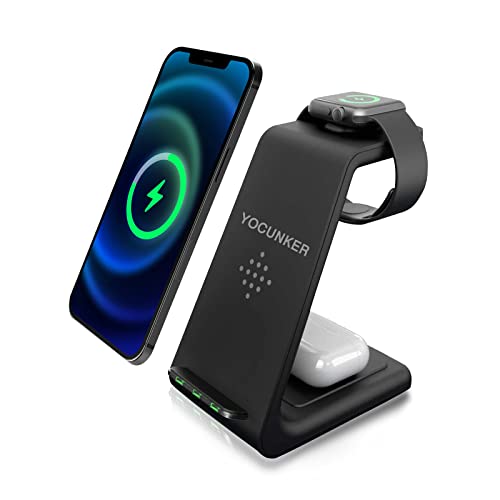 Wireless Charger iPhone,YOCUNKER 3 in 1 Qi Fast Wireless Charging Station Stand Dock for Multiple Devices Apple Watch Series 7/SE/6/5/4/3/2, Airpods 3/Pro/2,iPhone 14/13/12/11 Pro Max/X/XR (Black) - color: Black