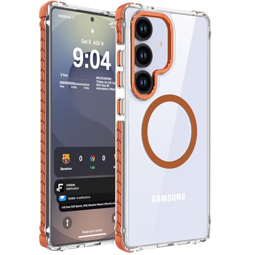 DEERLAMN Strong Magnetic Case for Samsung Galaxy S24 Plus/S25 Plus 6.7-Inch,[Compatible with Magsafe][Military Grade Drop Protection] Clear Slim Shockproof Protective Phone Cover, Transparent+Orange - color: Clear+Orange, size: For Samsung Galaxy S25 Plus