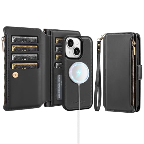Antsturdy Compatible with MagSafe iPhone 14 Wallet Case,Black | Detachable Magnetic Credit Card Holder,RFID Blocking,PU Leather Zipper Purse,Wrist Strap Kickstand,Flip Phone Cover for Women - color: (Detachable with Magsafe)-Black