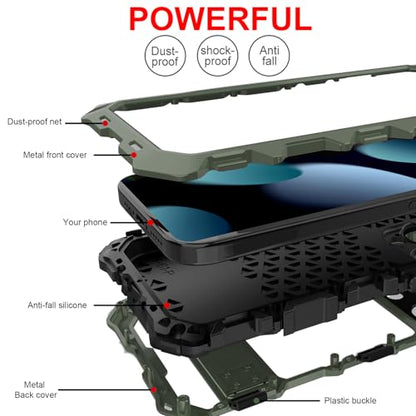 Simicoo Compatible with iPhone 16 Pro Max Metal Bumper Military Rugged Silicone Case Heavy Duty Armor Defender Metal Case with Stand Built-in Gorilla Glass Full Cover Dustproof Cover (Green)