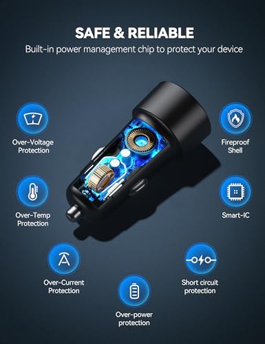 TECKNET USB Car Charger[2Pack], 48W 2-Port Cigarette Lighter Fast Chargering, PD&QC3.0 USBC Car Charger Adapter Compatible with iPhone 17/16/15/14 Pro Max/Plus Galaxy