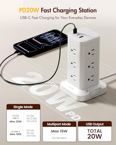12AC 3USB Power Strip Tower Surge Protector 1800J, 10ft, White, 1 - color: White, size: 10ft