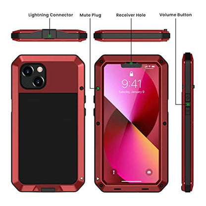 Lanhiem for iPhone 13 Metal Case, Heavy Duty Shockproof Tough Rugged Case with Built-in Glass Screen Protector, 360 Full Body Protective Cover for iPhone 13 6.1 inch, Red - color: Red