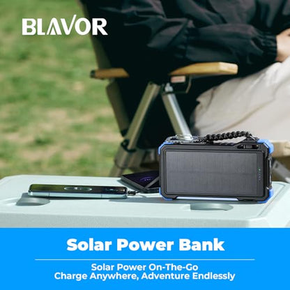 BLAVOR Solar Power Bank 20000mAh, Wireless Charger for Phones & Apple Watch - color: Blue