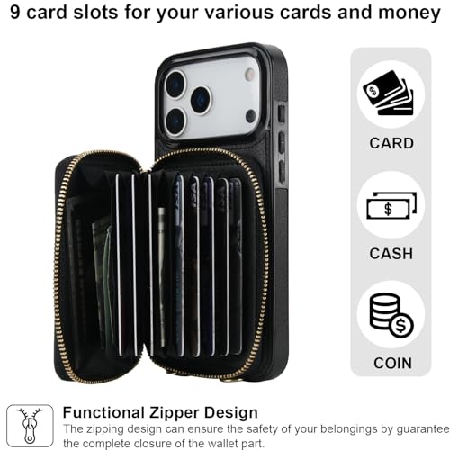 Bocasal Multi-Slot Crossbody Wallet Case for iPhone 17 Pro Max, Black | RFID Blocking PU Leather Purse Case with Card Holder, Handbag Flip Cover with Zipper Wrist Strap Lanyard for Women 6.9 Inch - color: Black