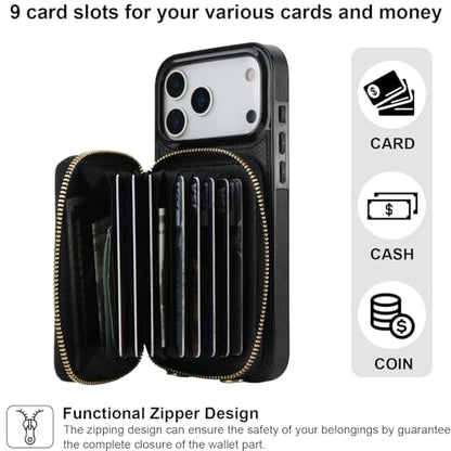 Bocasal Multi-Slot Crossbody Wallet Case for iPhone 17 Pro Max, Black | RFID Blocking PU Leather Purse Case with Card Holder, Handbag Flip Cover with Zipper Wrist Strap Lanyard for Women 6.9 Inch - color: Black