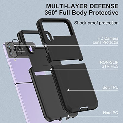 for Galaxy Z Flip 4 Case with Camera Lens Film,Shockproof Protective Phone Case Heavy Duty Full Body Protection Drop Proof Hard Rugged Cover for Samsung Galaxy Z Flip 4 (Black) - color: Black