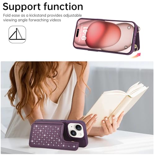 for iPhone 11 Wallet Case with Card Holder Slots and Strap, RFID Blocking Magnetic Flip Folio Cover, Crossbody Purse Protection Case with Kickstand,Deep Purple Diamond - color: Deep Purple Diamond, size: iPhone 11(6.1")