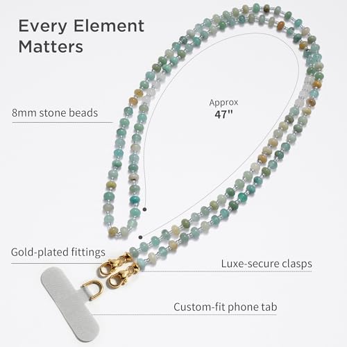 POSADINA Natural Stone Phone Lanyard, Crystal Beaded Crossbody Strap for Women, Hands-Free Anti-Loss Chain with Tether Tab - color: Amazonite