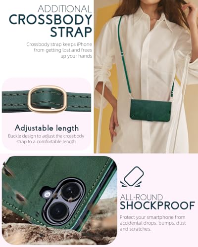 OCASE for iPhone 16 Wallet Case, PU Leather Crossbody Phone Case with Removable Shoulder Strap, Kickstand, RFID Blocking Card Slots, Flip Folio Phone Cover 6.1 Inch 2024, Blackish Green - color: Blackish Green, size: iPhone 16