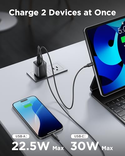 PISEN 30W USB C Charger - 30 Watt Dual Port PD QC 3.0 GaN Charging Block, 30W USB C Wall Charger, 2-Port 30 Watt Charging Block for iPhone 16/15/14/13 Series, Samsung, Pixel, iPad (Cable Not Included)