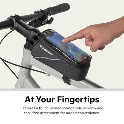 Schwinn Top Tube Phone Bag for Bicycles, Black, Touch-Screen Compatible Smartphone Pocket, Easy Installation, Weatherproof Zip Pocket, Storage for Phone, Wallet, Keys and More, Bike Frame Mount Bag