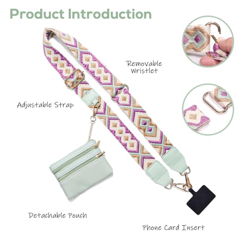Clip and Go Phone Strap with Wallet Crossbody, Phone Chain Cross Body with Detachable Zippered Pouch, Phone Lanyard with Purse, Adjustable Mobile Strap (Green) - color: Green