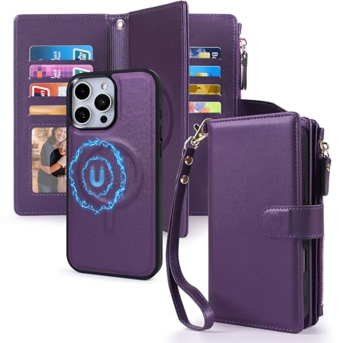 Magnetic Case for iPhone 15 Pro Wallet Compatible with Magsafe RFID Blocking Card Holder Detachable Phone Cover Kickstand Snap Strap Zipper Pocket PU Leather 6.1 inch (Purple) - color: Purple, size: iPhone 15 Pro