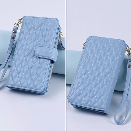 for iPhone 16e/17e Case Wallet,Compatible with MagSafe Magnetic 2 in 1 Magnetic Detachable PU Leather RFID Blocking Wallet Cover Card Holder Zipper Wrist Strap Lanyard,Quilted Blue - color: Quilted Blue