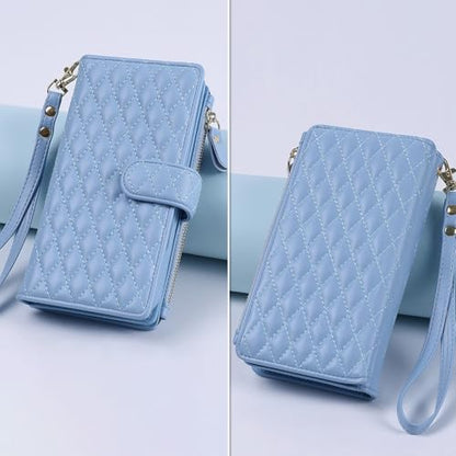 for iPhone 16e/17e Case Wallet,Compatible with MagSafe Magnetic 2 in 1 Magnetic Detachable PU Leather RFID Blocking Wallet Cover Card Holder Zipper Wrist Strap Lanyard,Quilted Blue - color: Quilted Blue