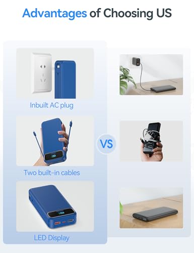 aonidi Portable Charger 20000mAh with Built-in Cables&AC Wall Plug, Navy - color: Steel Blue