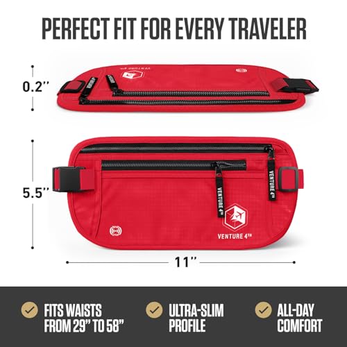 VENTURE 4TH Travel Money Belt, RFID Blocking Passport Holder - Red - color: Red