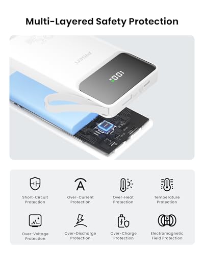 PISEN 3C Certified Power Bank - 10000mAh 22.5W CCC Power Bank with Built in Cable, Travel Battery Pack Portable 3C Charger with LED Display, Portable Charger with Built in Cable for iPhone, Samsung