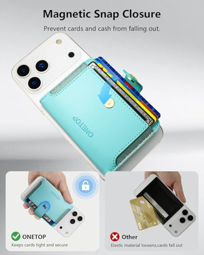 ONETOP for MagSafe Wallet,Magnetic Phone Wallet with 5 Card Slots,MintGreen | 1-12 Cards/Cash Holder for iPhone 17/16/15/14/13/12 Series,Detachable Wallet Stick-On Back,PU Leather RFID Blocking Kickstand - color: Mint Green