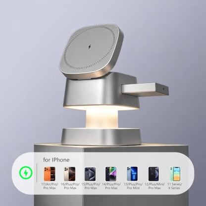 4 in 1 Charging Station for Apple Devices, 3 in 1 Wireless Charger Stand with Night Light for iPhone 17/16/15/14/13/12 Pro Max, Watch AirPods, 15W MagSafe Magnetic Charging for Bedroom Office - color: Titanium‑Gray