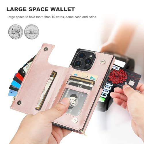 Bocasal Crossbody Wallet Case with Strap for iPhone 16 Pro Max, Rose Gold | RFID Blocking Card Slot Holder, Magnetic Flip Folio Purse Case, PU Leather Zipper Handbag Detachable Lanyard Strap 6.9 Inch - color: Rose Gold