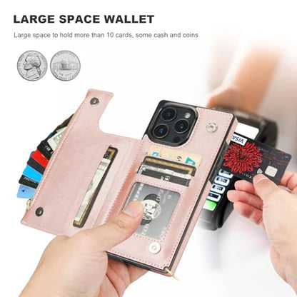 Bocasal Crossbody Wallet Case with Strap for iPhone 16 Pro Max, Rose Gold | RFID Blocking Card Slot Holder, Magnetic Flip Folio Purse Case, PU Leather Zipper Handbag Detachable Lanyard Strap 6.9 Inch - color: Rose Gold