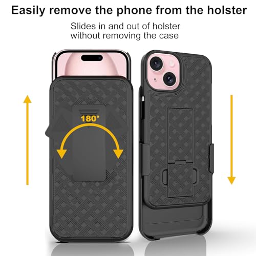 for iPhone 15 Stand Case, Belt Clip Holster Screen Protector-Black | Camera Lens Protector, Swivel Kickstand Holder, Slim Shell Pouch Full Body Protective, Rugged Shockproof Cell Phone Cover - size: iPhone 15