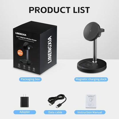 3-in-1 Magnetic Wireless Charger, 15W for iPhone/Watch/AirPods - color: black