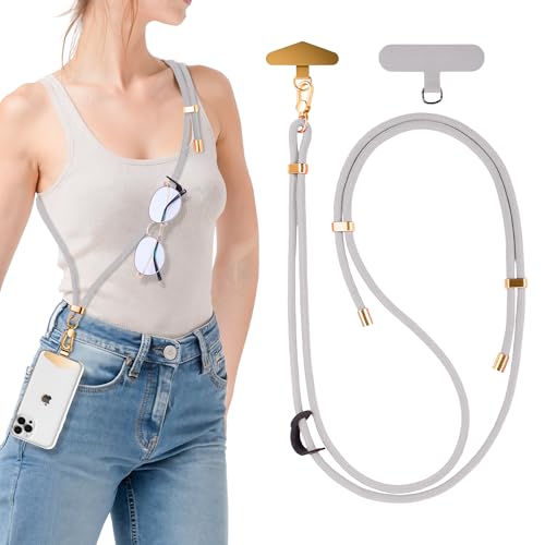 BestStone Crossbody Phone Lanyard Strap with 2 Tether Tabs (Nylon Pad + Metal Plate), Adjustable Cell Phone Lanyard - color: Grey