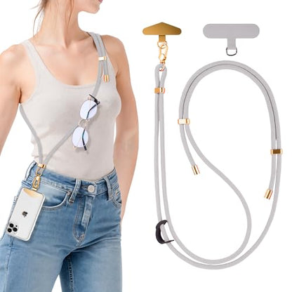 BestStone Crossbody Phone Lanyard Strap with 2 Tether Tabs (Nylon Pad + Metal Plate), Adjustable Cell Phone Lanyard - color: Grey