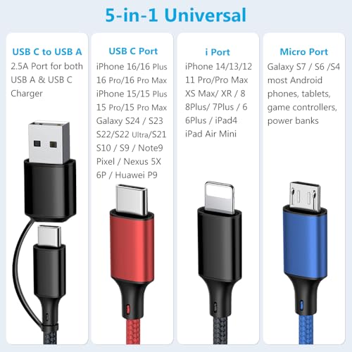 Puxnoin Multi Charging Cable 5 in 1, 2Pack 4FT USB C Multi Charger Cable