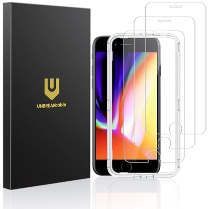 UNBREAKcable 3-Pack Screen Protector for iPhone SE 2022/SE 2020, iPhone 8/7 | Shatterproof Tempered Glass, Easy Installation, 9H Hardness, 99.99% HD Clear, Bubble-Free, Anti-Fingerprint, Case Friendly - size: iPhone 7/8/SE