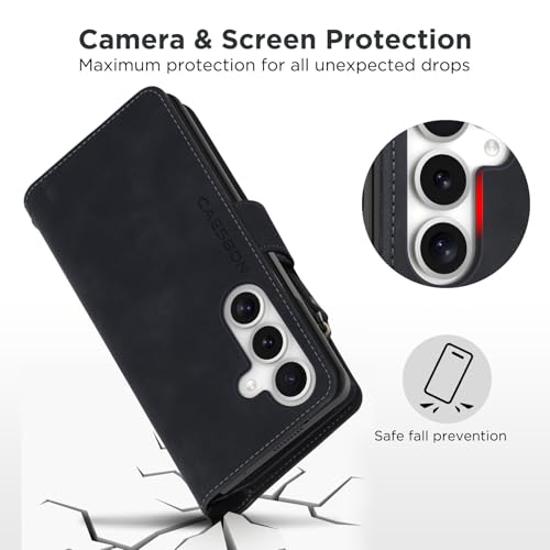 for Samsung Galaxy S24-FE-Wallet Case: with RFID Blocking Card Slots (6 Cards) | Soft PU Leather Magnetic Snap Zipper Pocket | Crossbody Wrist Strap Protective Phone Cover - Black - color: Black, size: Galaxy S24 FE（6.7‘’）