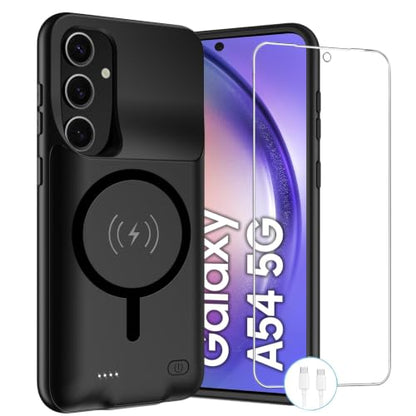 Battery Case for Galaxy A54, Upgraded 12000mAh Rechargeable Portable Wireless Charging Case Compatible with Galaxy A54 5G (6.4 inch) with Carplay Extended Battery Pack Charger Power Case (Black) - size: Galaxy A54