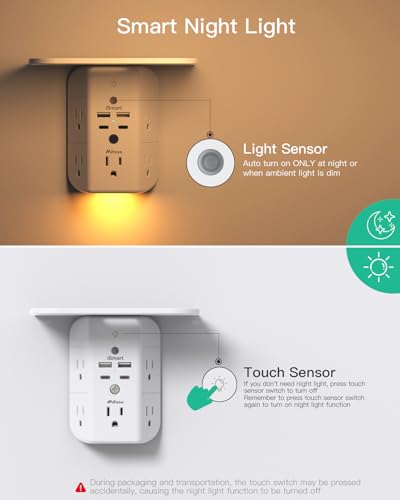 Mifaso Outlet Extender with Shelf and Night Light, 1800J Surge Protector - color: White, size: 2C2A