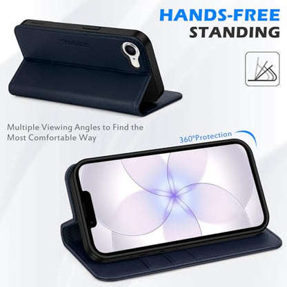 SHIELDON Genuine Leather Case Wallet for iPhone 17e/16e 6.1", Navy Blue | Flip, Magnetic Closure, RFID Blocking 3 Card Holder, Kickstand, Full Protection, Shock Absorbing Protective Cover - color: Navy Blue