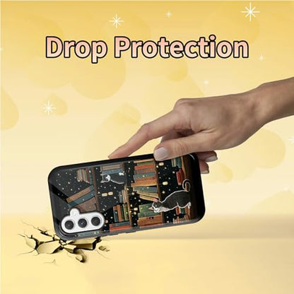 Cute Cat Bookshelf Phone Case for Samsung Galaxy S25, Dual Layer Shockproof Rugged Cover with Soft TPU + Hard PC, Anti-Scratch Slim Fit Wireless Charging Compatible - color: Cute Cat Bookshelf, size: 6.2" Galaxy S25