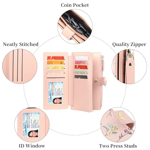 GAEKEAO Womens Wallet RFID Blocking Trifold Large Capacity Ladies Vegan Leather Wallet Floral Multi Card Holder Organizer - color: Y05-Pink