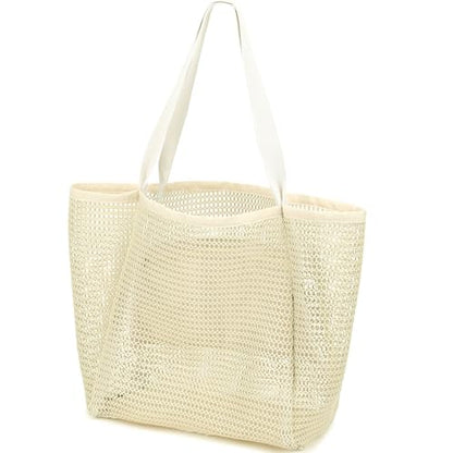GYEUKHAM Mesh Beach Bag for Women, Sand-Resistant Pool Tote, 9 Pockets (1 Inner Zip), Foldable Family Travel Essentials - color: 2 Pockets-beige