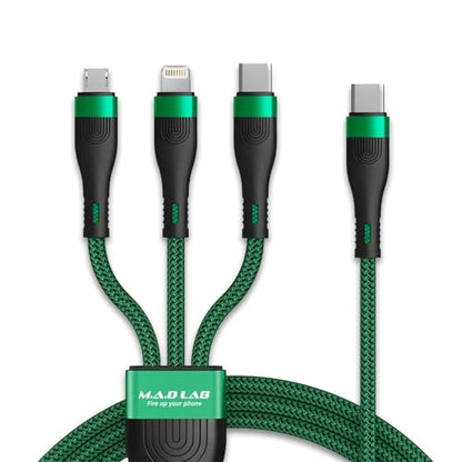 M.A.D LAB 100W USB-C Multi Charging Cable, 3-in-1 Nylon Braided, 4.3 ft