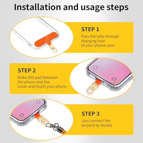 360°Rotatable Phone Tether Tab,3 Pieces Universal Phone Lanyard Patch Without Adhesive,Phone Lanyard Replacement Part for Cell Phone Strap(Orang+Transparent) - color: Orang+Transparent
