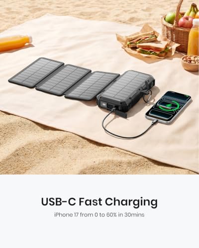 FEELLE Solar Power Bank 50000mAh Magnetic Portable Charger with Hand Crank - color: Black