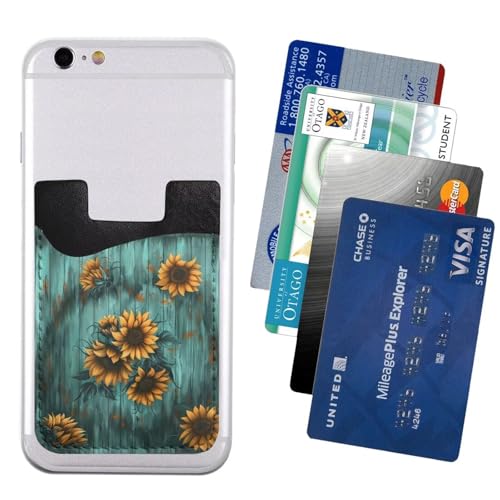 Sunflower Teal Board Wallet Phone Card Holder Wood Pattern Flower Phone Adhesive Card Holder PU Leather Slim Card Holder for Phone Wallet Stick on - color: Sunflower