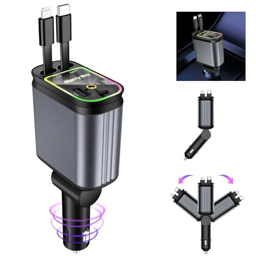 Retractable Car Charger, 4 in 1 Fast Charging Car Charger - color: dark gray(red starry sky light)